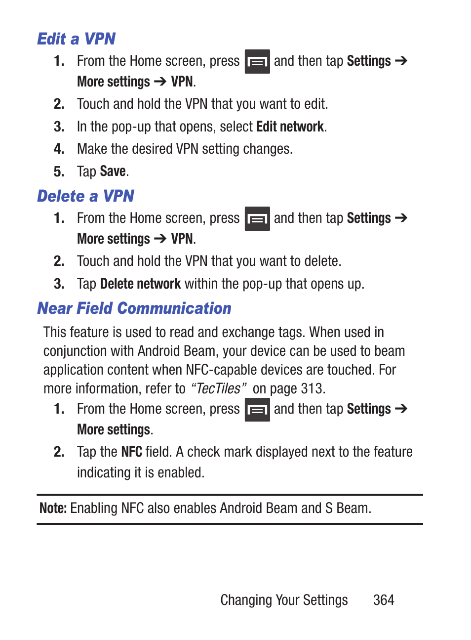 Edit a vpn, Delete a vpn, Near field communication | Samsung SCH-S960RWBTFN User Manual | Page 369 / 513