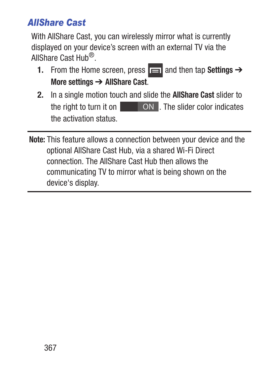 Allshare cast | Samsung SCH-S960RWBTFN User Manual | Page 372 / 513