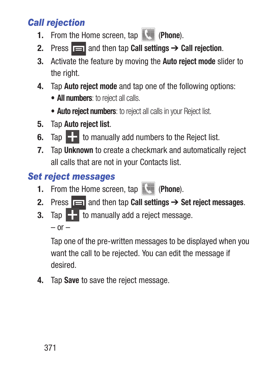 Call rejection, Set reject messages | Samsung SCH-S960RWBTFN User Manual | Page 376 / 513