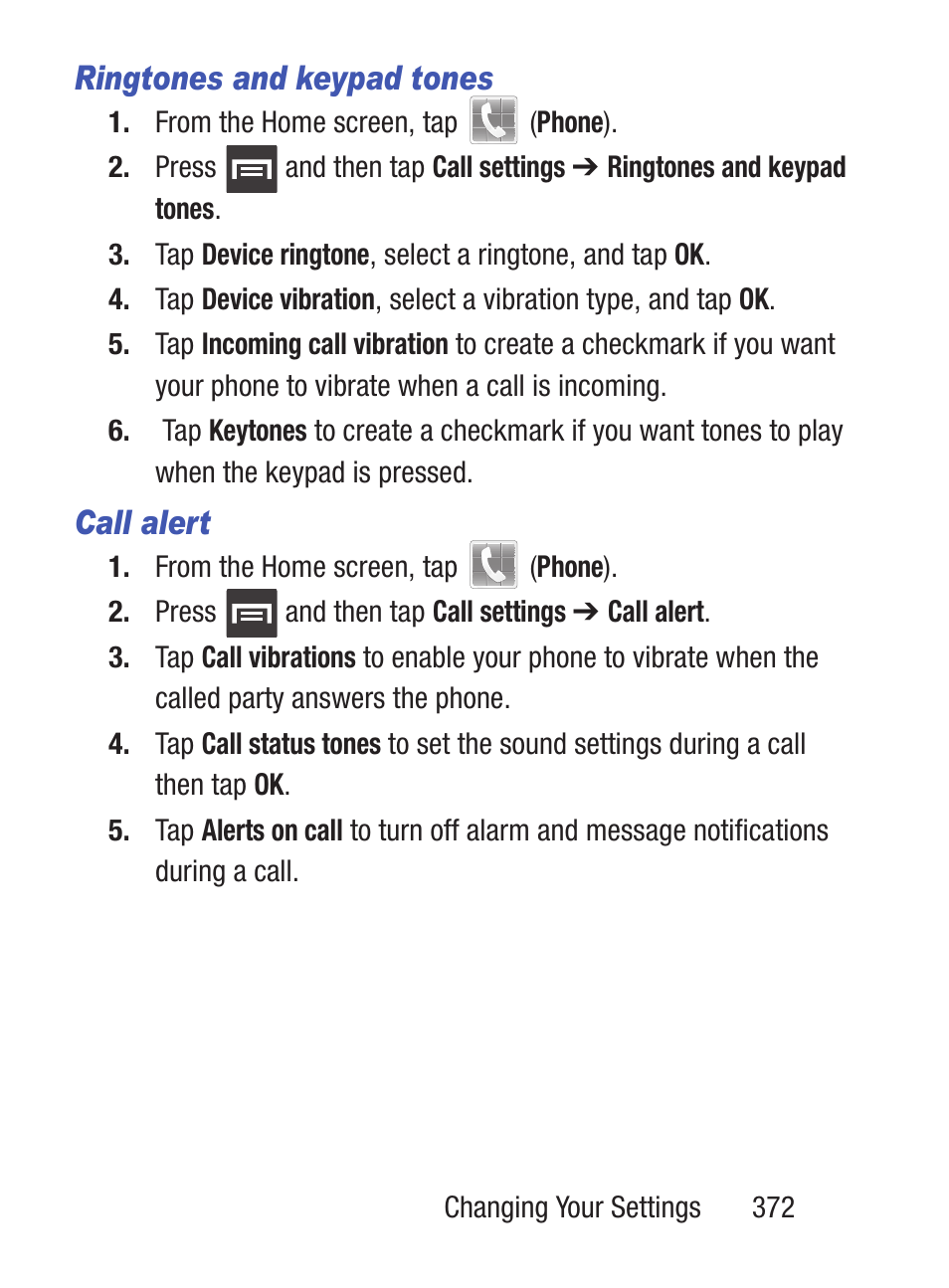 Ringtones and keypad tones, Call alert | Samsung SCH-S960RWBTFN User Manual | Page 377 / 513