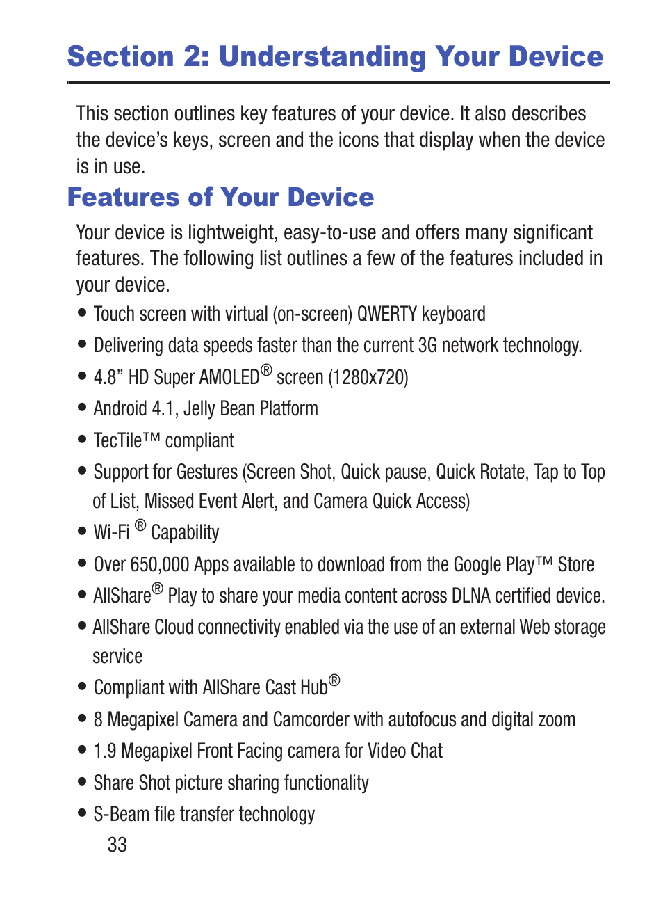Section 2: understanding your device, Features of your device | Samsung SCH-S960RWBTFN User Manual | Page 38 / 513
