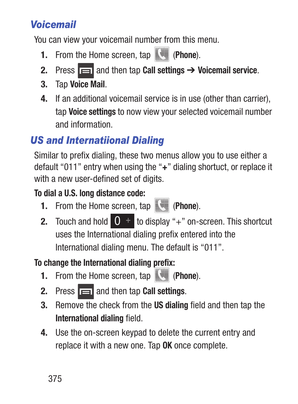 Voicemail, Us and internatiional dialing | Samsung SCH-S960RWBTFN User Manual | Page 380 / 513