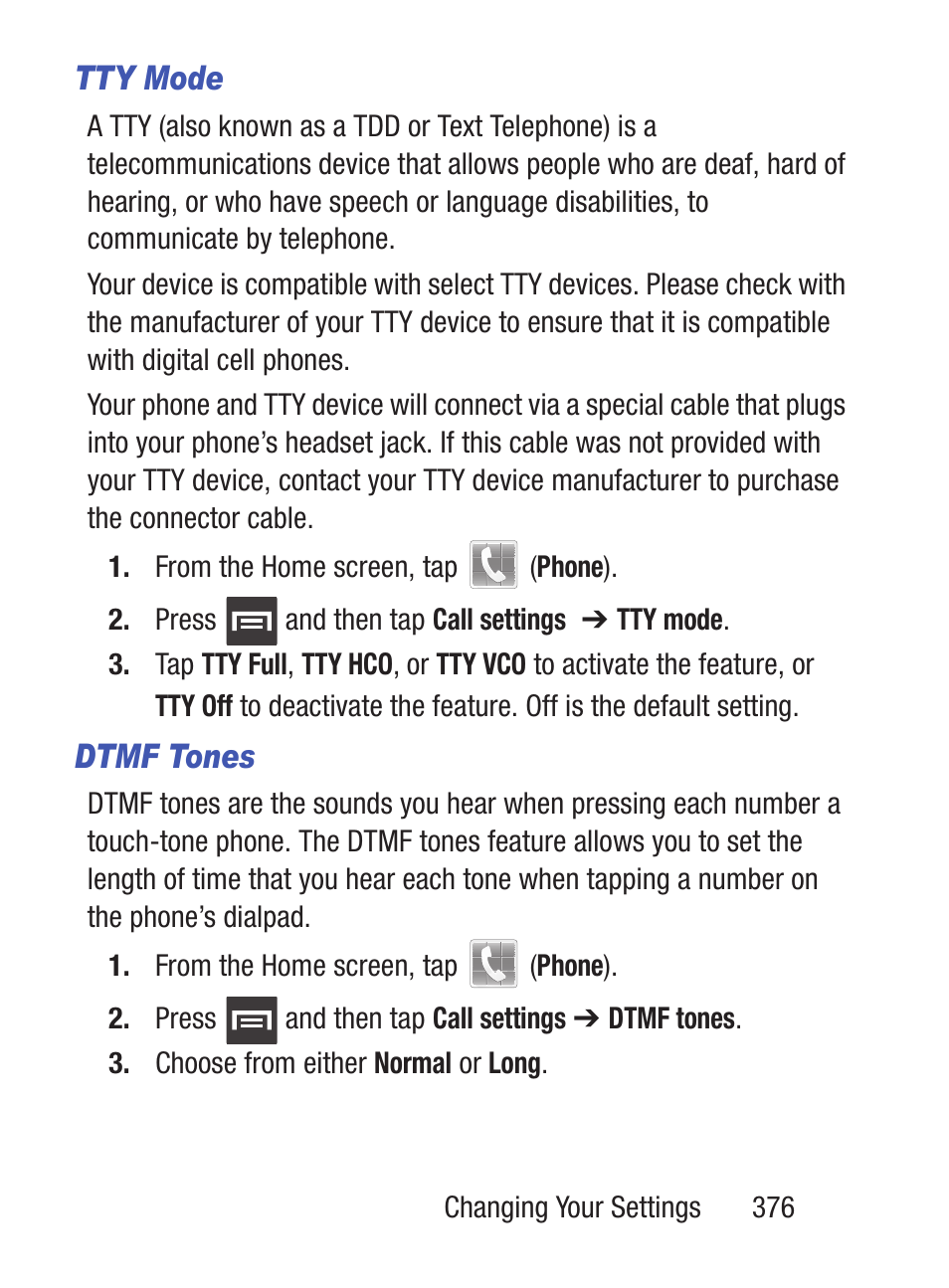 Tty mode, Dtmf tones | Samsung SCH-S960RWBTFN User Manual | Page 381 / 513