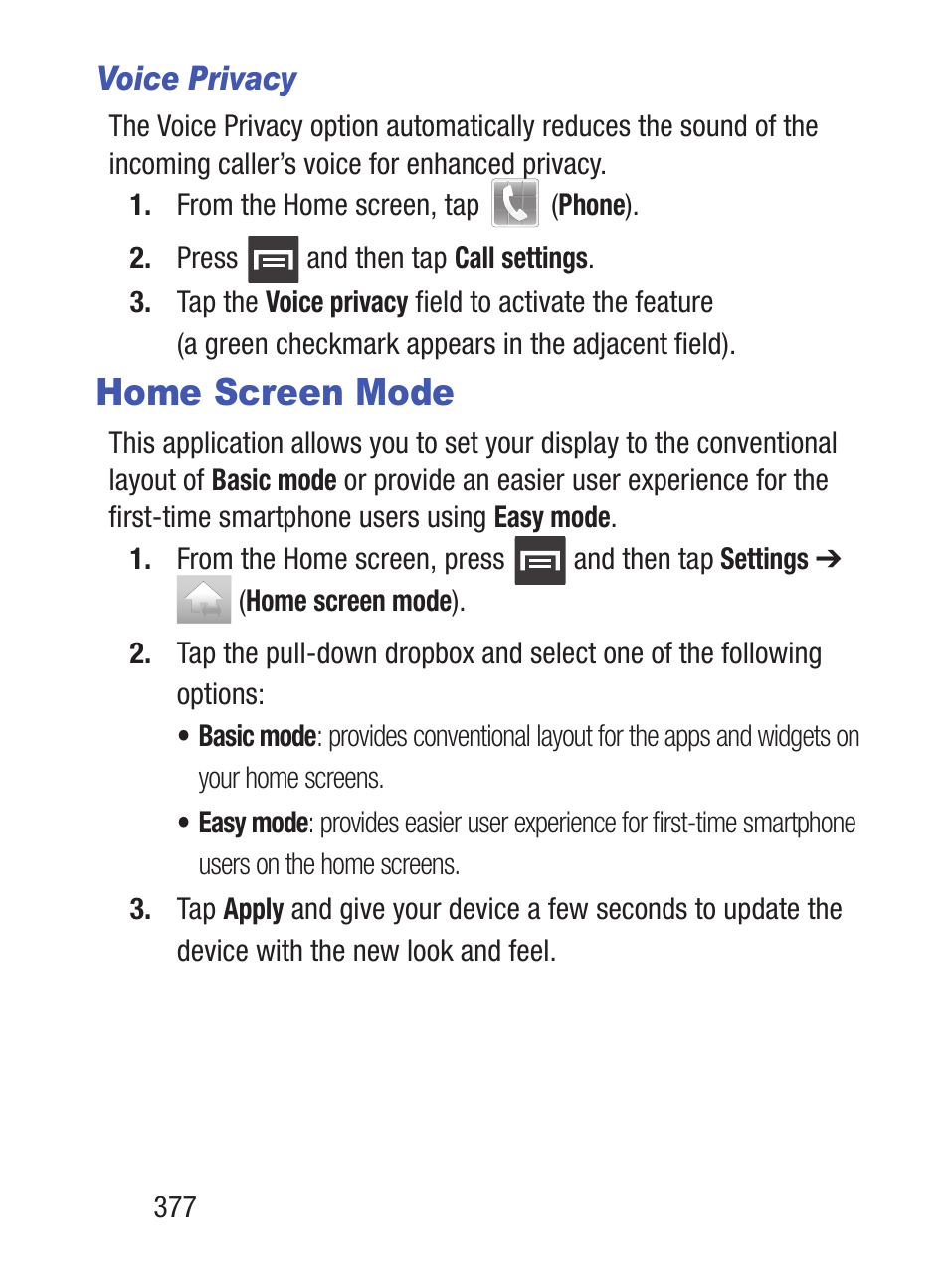 Home screen mode, Voice privacy | Samsung SCH-S960RWBTFN User Manual | Page 382 / 513