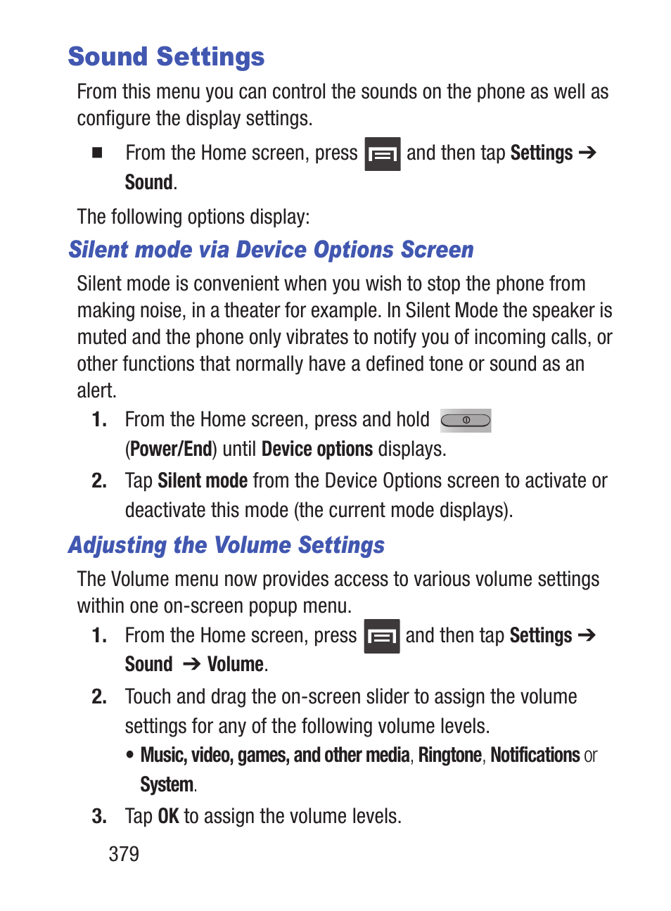 Sound settings | Samsung SCH-S960RWBTFN User Manual | Page 384 / 513