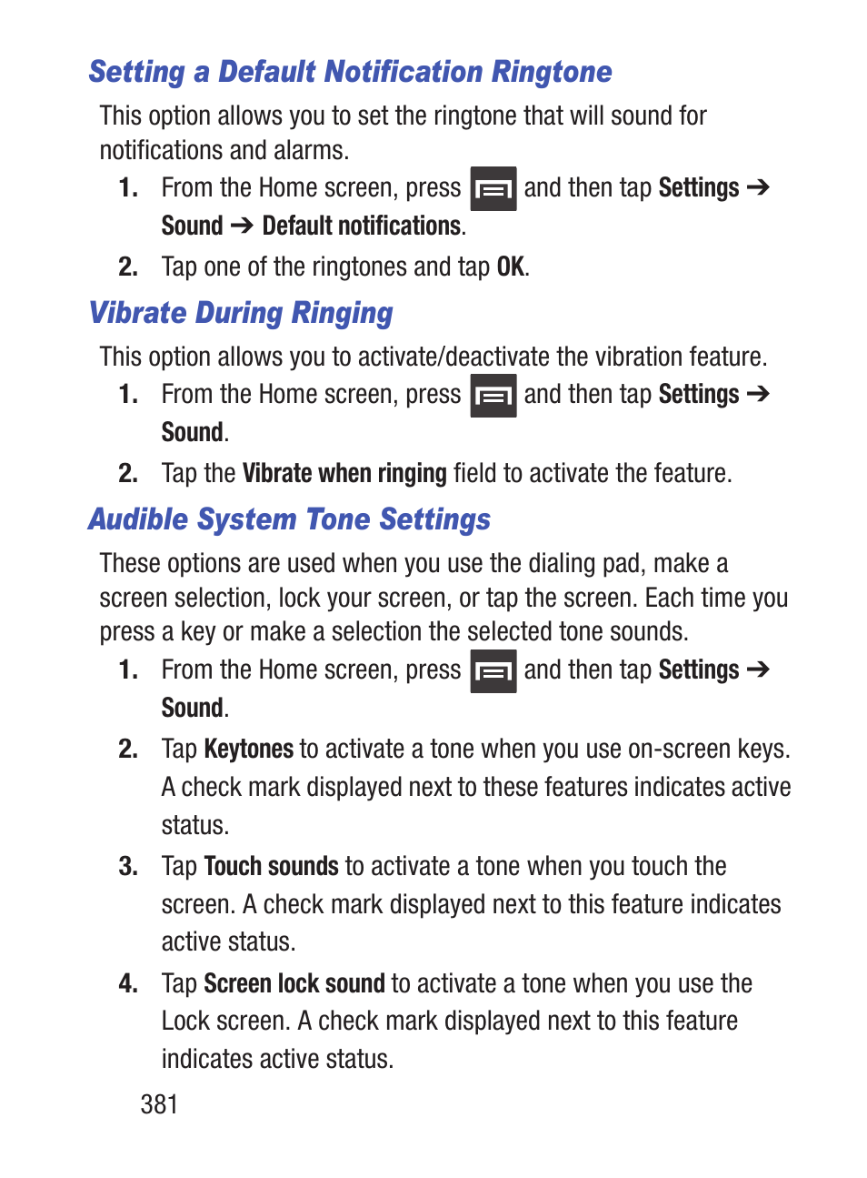 Setting a default notification ringtone, Vibrate during ringing, Audible system tone settings | Samsung SCH-S960RWBTFN User Manual | Page 386 / 513