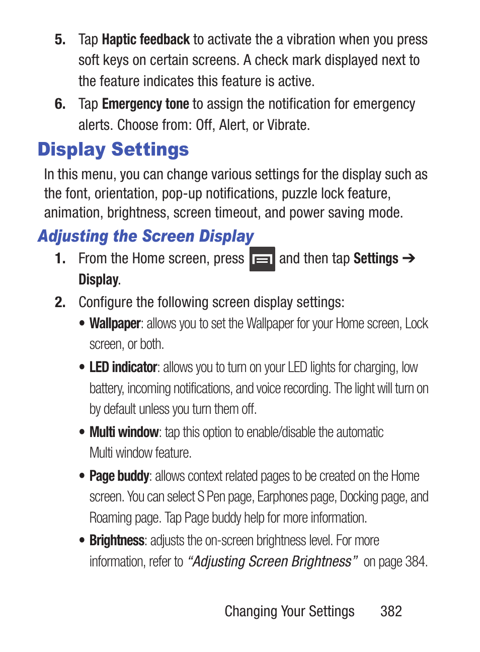 Display settings, Adjusting the screen display | Samsung SCH-S960RWBTFN User Manual | Page 387 / 513