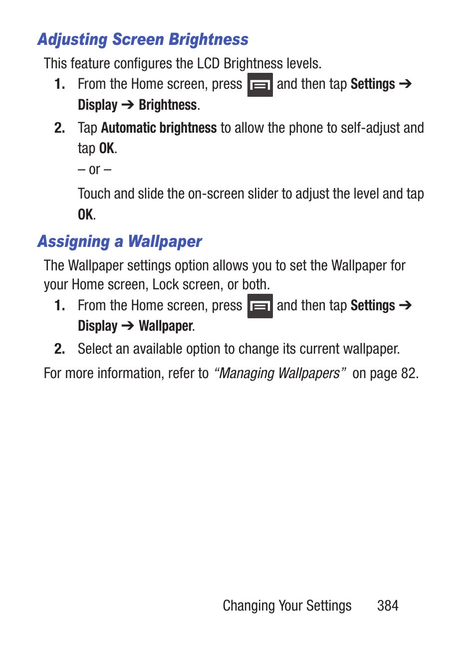 Adjusting screen brightness, Assigning a wallpaper | Samsung SCH-S960RWBTFN User Manual | Page 389 / 513