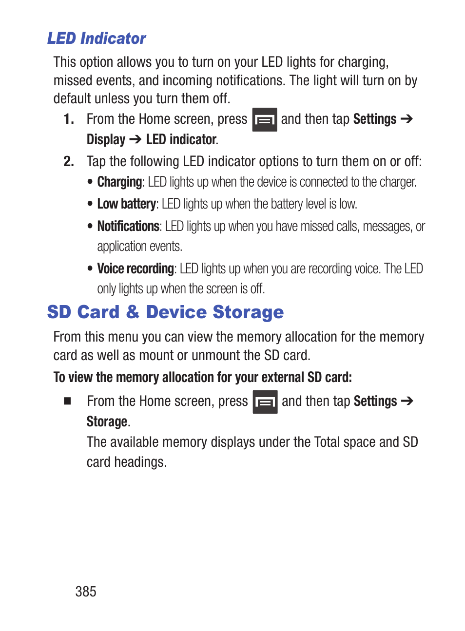 Sd card & device storage, Led indicator | Samsung SCH-S960RWBTFN User Manual | Page 390 / 513