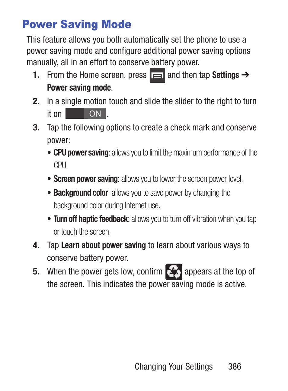 Power saving mode | Samsung SCH-S960RWBTFN User Manual | Page 391 / 513