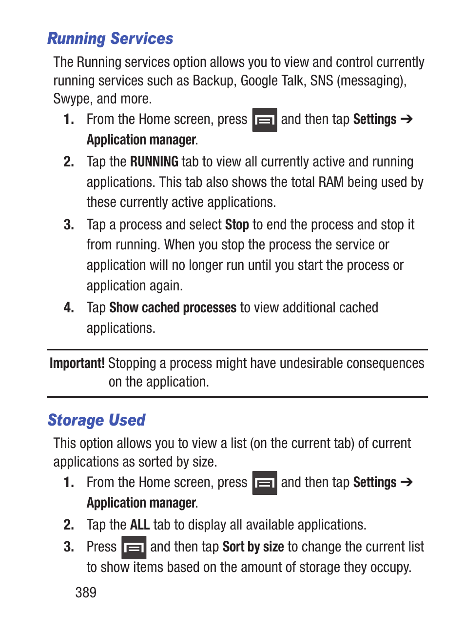 Running services, Storage used | Samsung SCH-S960RWBTFN User Manual | Page 394 / 513