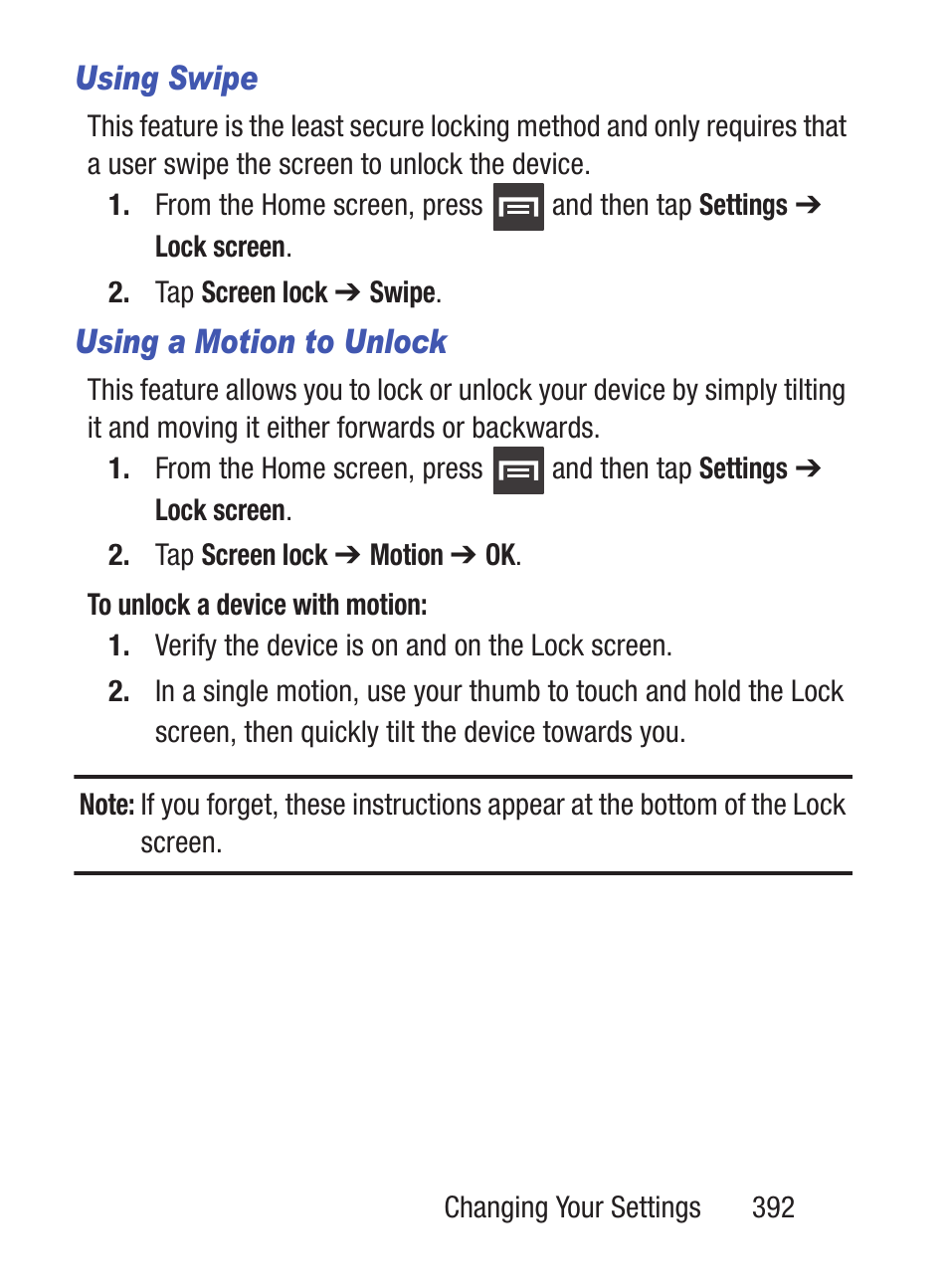 Using swipe, Using a motion to unlock | Samsung SCH-S960RWBTFN User Manual | Page 397 / 513