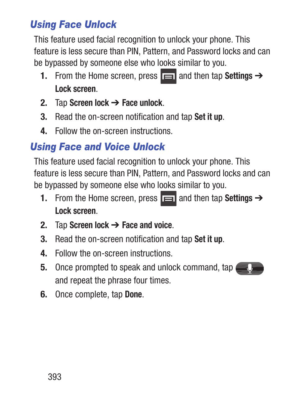 Using face unlock, Using face and voice unlock | Samsung SCH-S960RWBTFN User Manual | Page 398 / 513