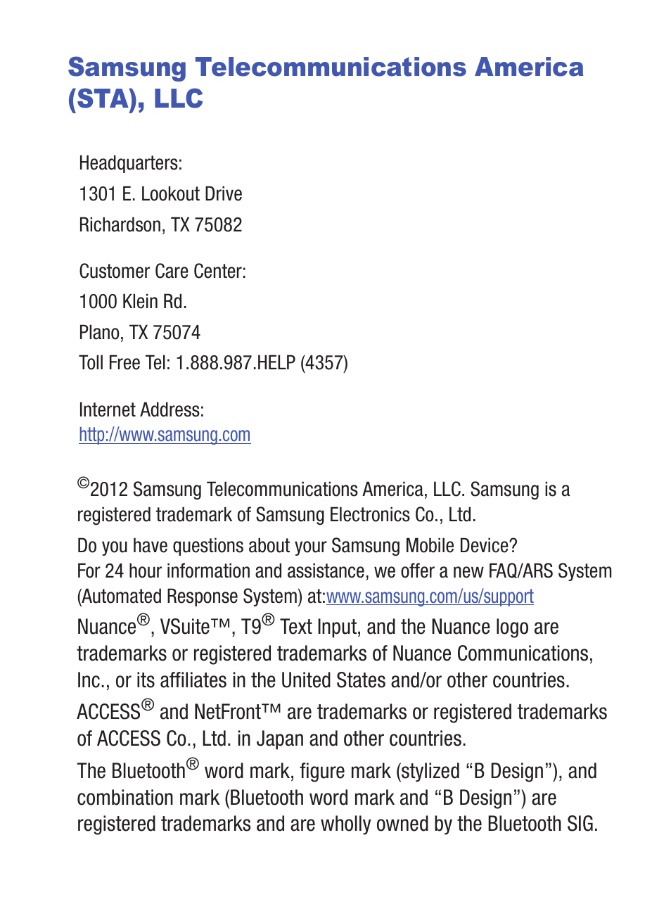 Samsung telecommunications america (sta), llc | Samsung SCH-S960RWBTFN User Manual | Page 4 / 513