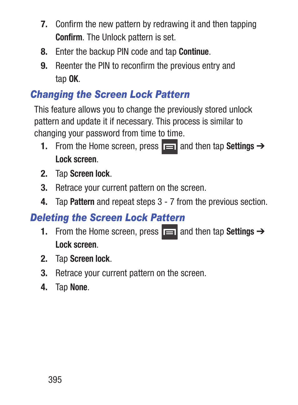 Changing the screen lock pattern, Deleting the screen lock pattern | Samsung SCH-S960RWBTFN User Manual | Page 400 / 513