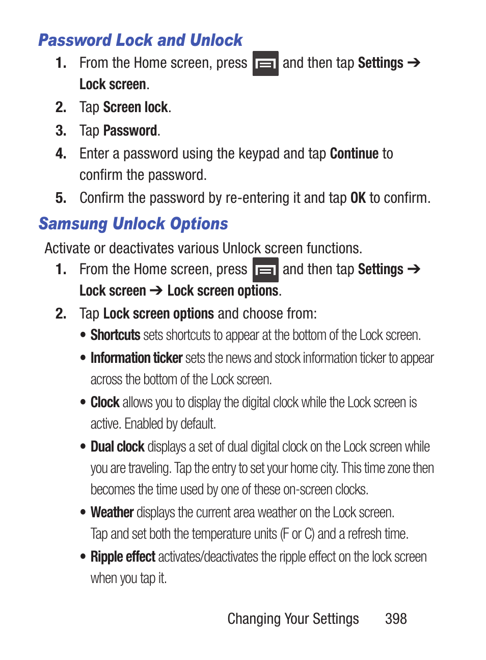 Password lock and unlock, Samsung unlock options | Samsung SCH-S960RWBTFN User Manual | Page 403 / 513