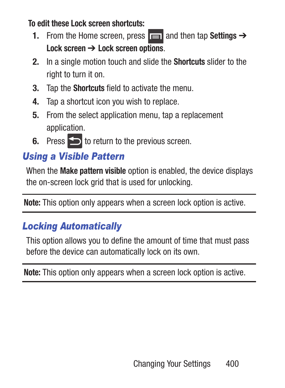 Using a visible pattern, Locking automatically | Samsung SCH-S960RWBTFN User Manual | Page 405 / 513