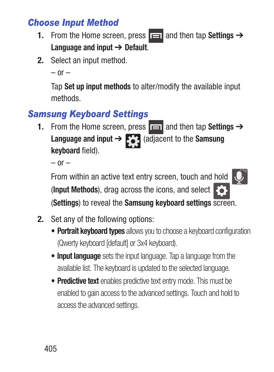 Choose input method, Samsung keyboard settings | Samsung SCH-S960RWBTFN User Manual | Page 410 / 513