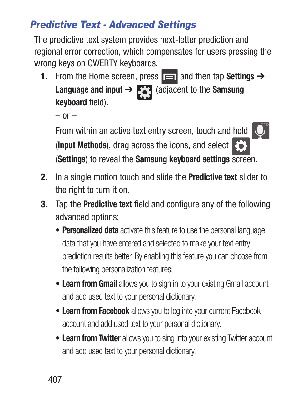 Predictive text - advanced settings | Samsung SCH-S960RWBTFN User Manual | Page 412 / 513