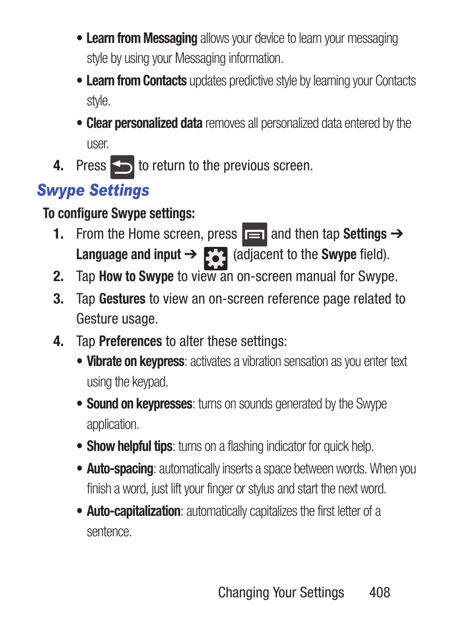 Swype settings | Samsung SCH-S960RWBTFN User Manual | Page 413 / 513