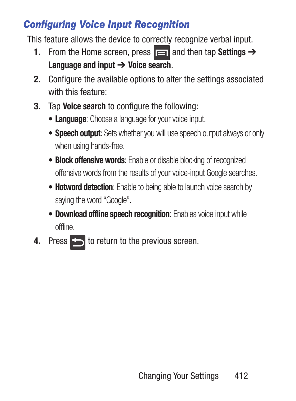 Configuring voice input recognition | Samsung SCH-S960RWBTFN User Manual | Page 417 / 513