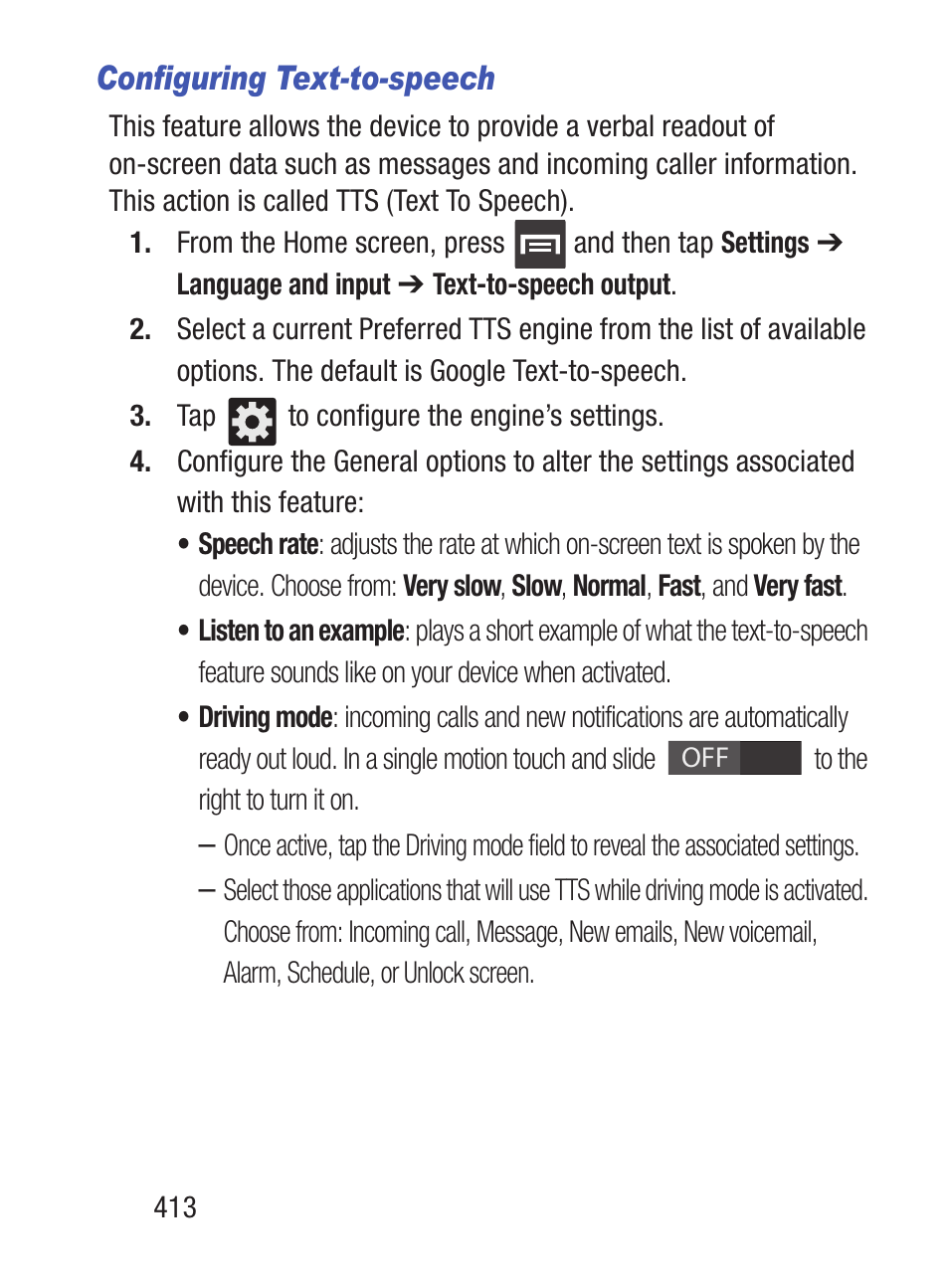 Configuring text-to-speech | Samsung SCH-S960RWBTFN User Manual | Page 418 / 513