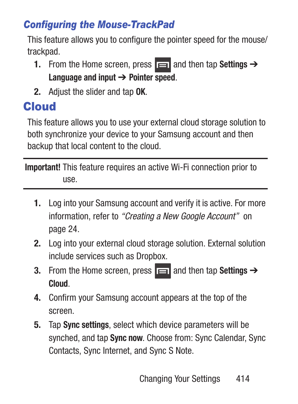 Cloud, Configuring the mouse-trackpad | Samsung SCH-S960RWBTFN User Manual | Page 419 / 513