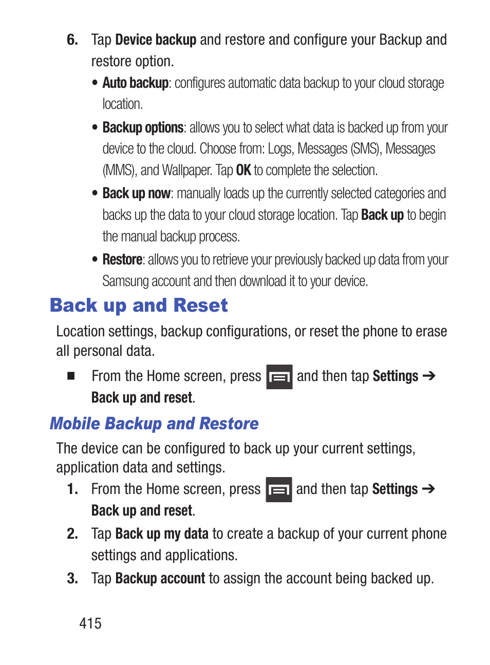 Back up and reset, Mobile backup and restore | Samsung SCH-S960RWBTFN User Manual | Page 420 / 513