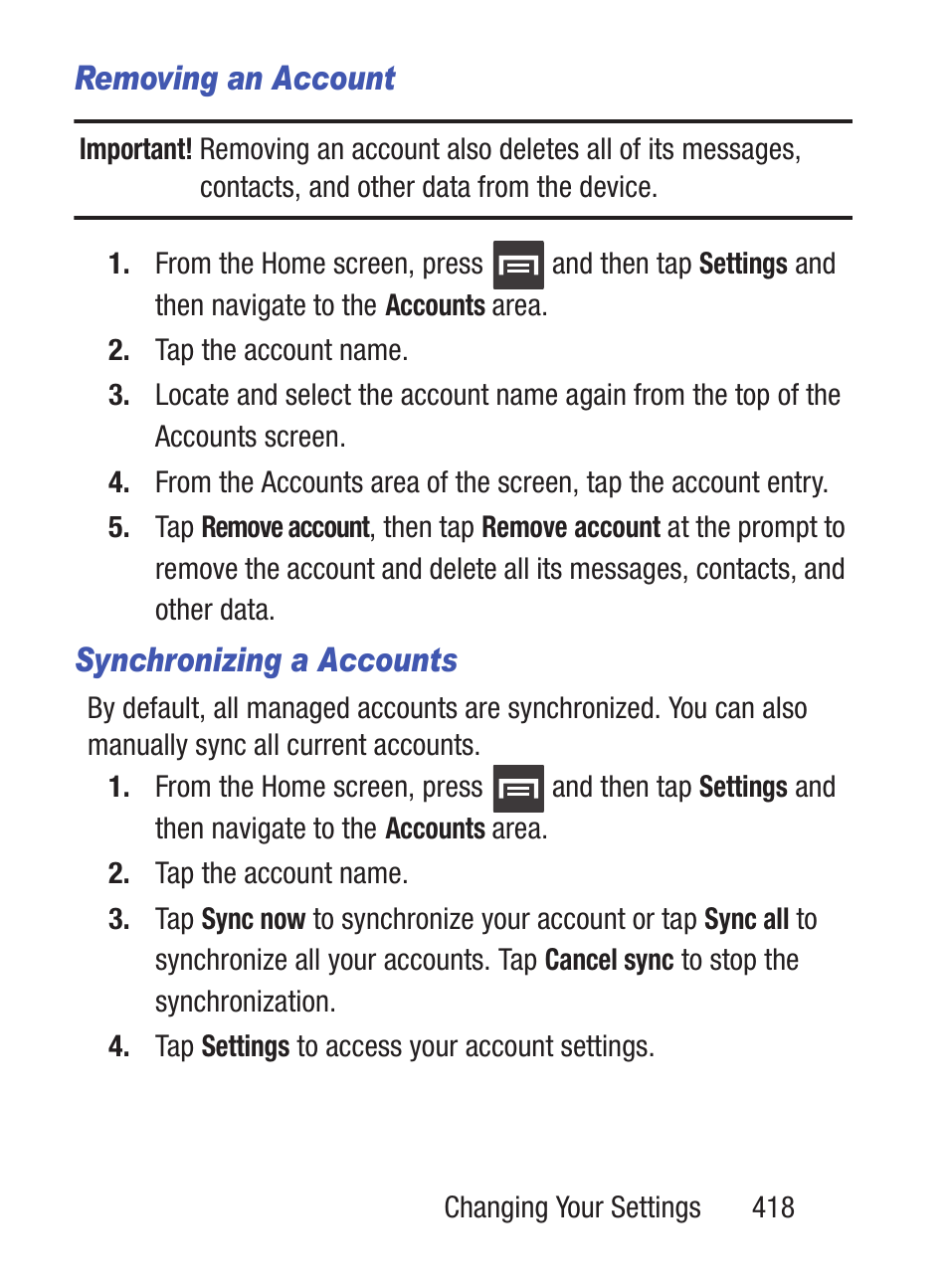 Removing an account, Synchronizing a accounts | Samsung SCH-S960RWBTFN User Manual | Page 423 / 513