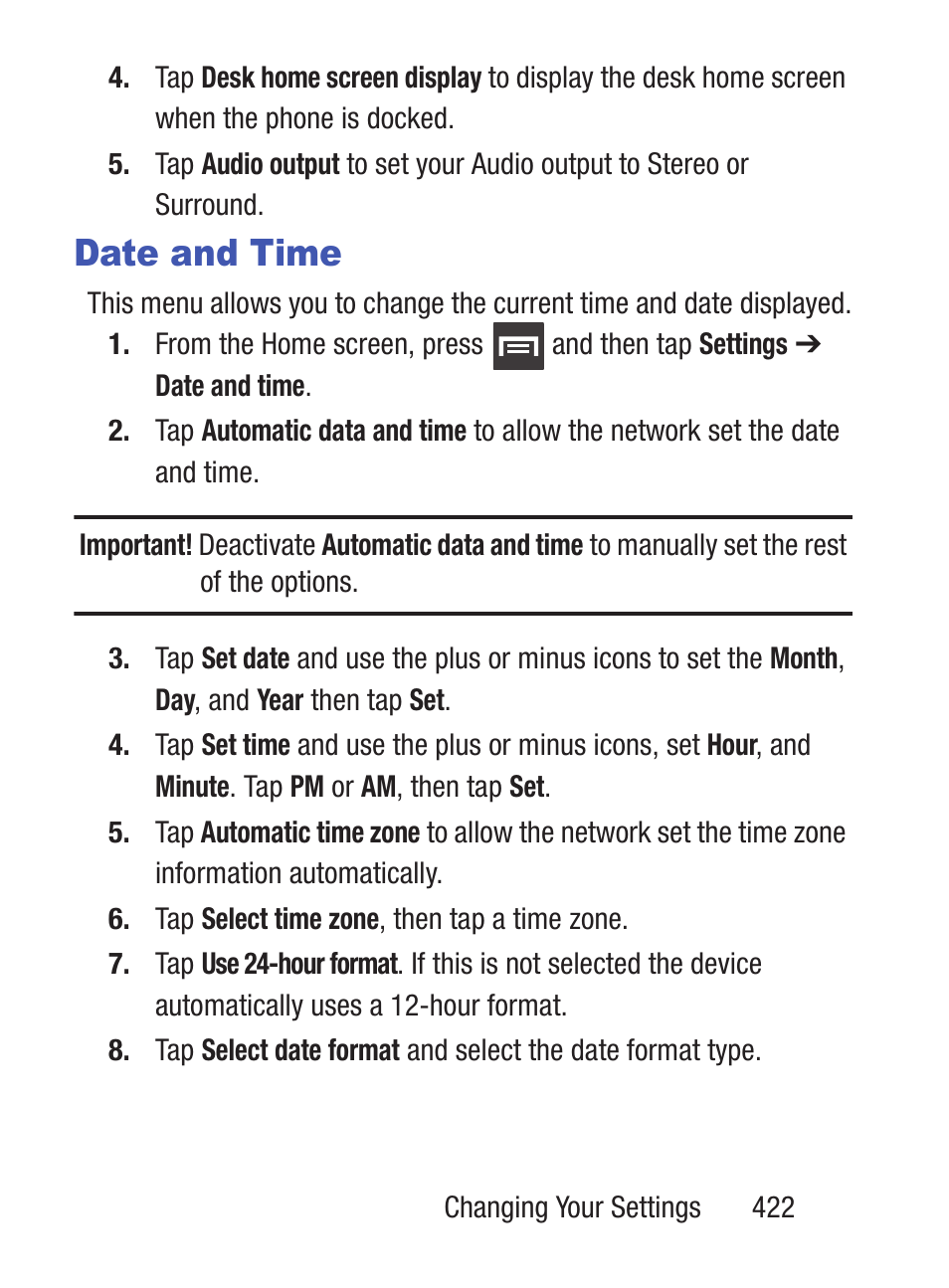 Date and time | Samsung SCH-S960RWBTFN User Manual | Page 427 / 513