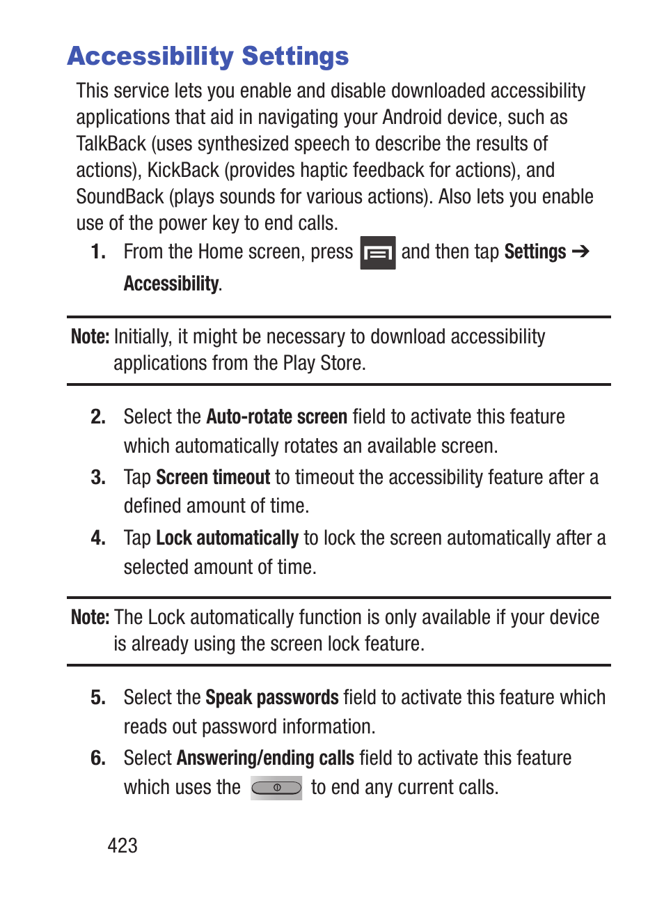 Accessibility settings | Samsung SCH-S960RWBTFN User Manual | Page 428 / 513