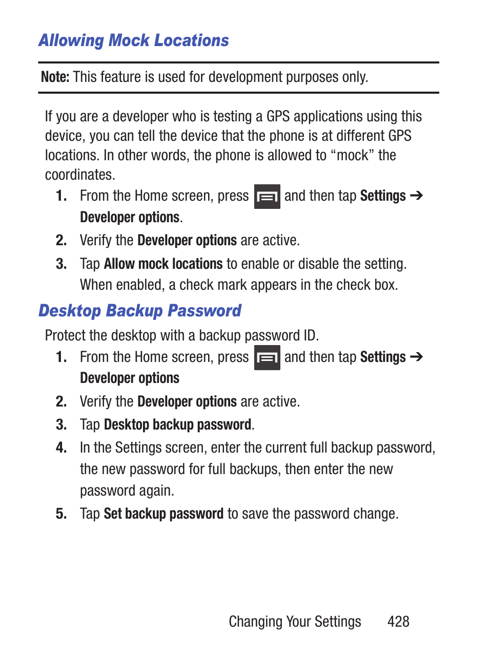 Allowing mock locations, Desktop backup password | Samsung SCH-S960RWBTFN User Manual | Page 433 / 513