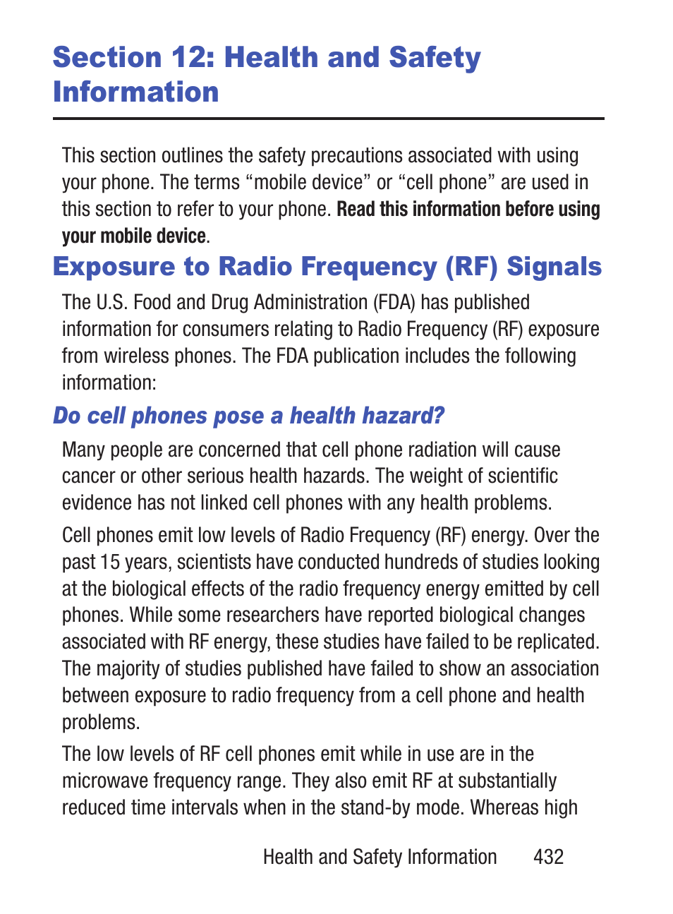 Section 12: health and safety information, Exposure to radio frequency (rf) signals | Samsung SCH-S960RWBTFN User Manual | Page 437 / 513