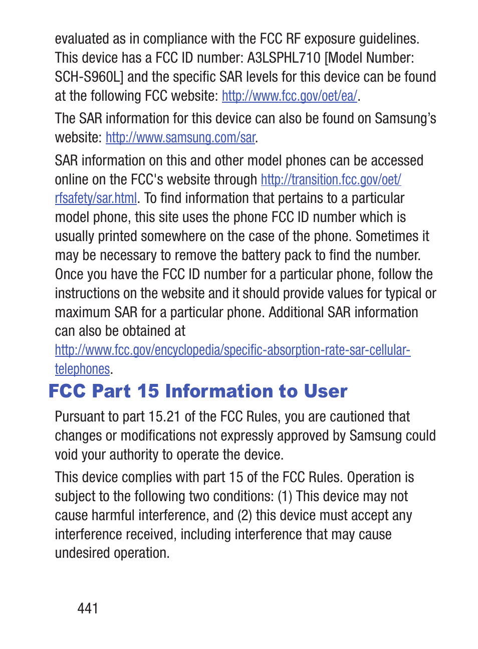 Fcc part 15 information to user | Samsung SCH-S960RWBTFN User Manual | Page 446 / 513