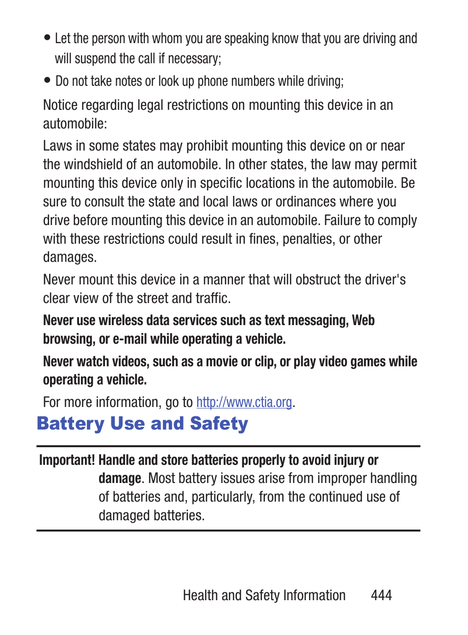 Battery use and safety | Samsung SCH-S960RWBTFN User Manual | Page 449 / 513