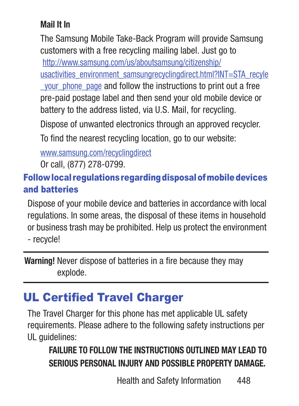 Ul certified travel charger | Samsung SCH-S960RWBTFN User Manual | Page 453 / 513