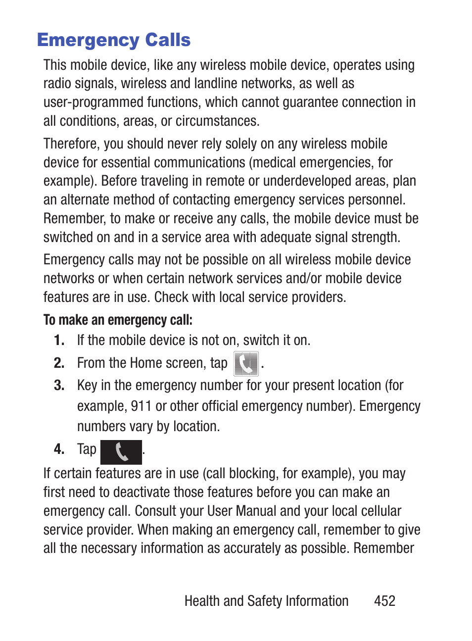 Emergency calls | Samsung SCH-S960RWBTFN User Manual | Page 457 / 513