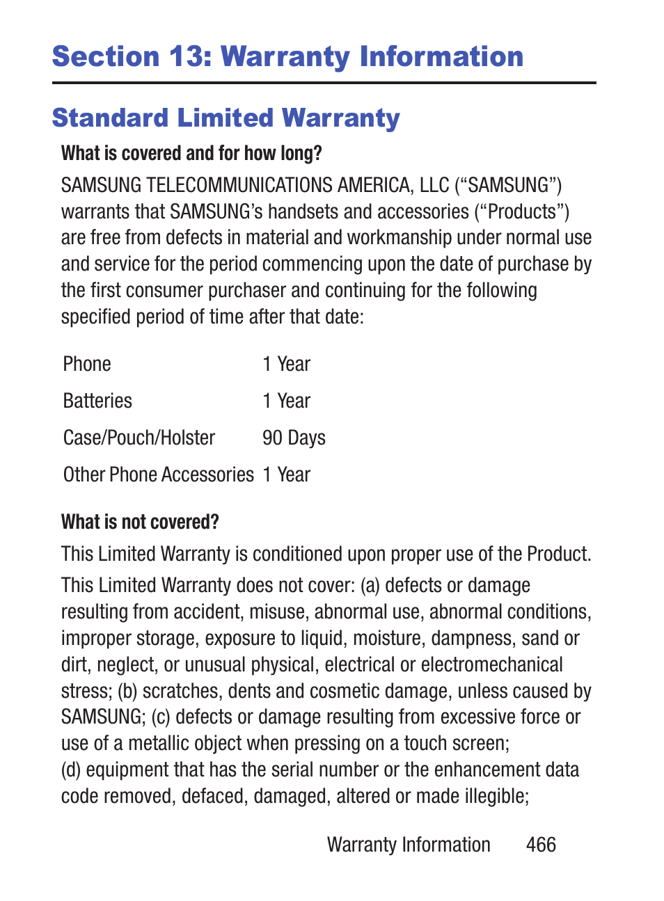 Section 13: warranty information, Standard limited warranty | Samsung SCH-S960RWBTFN User Manual | Page 471 / 513