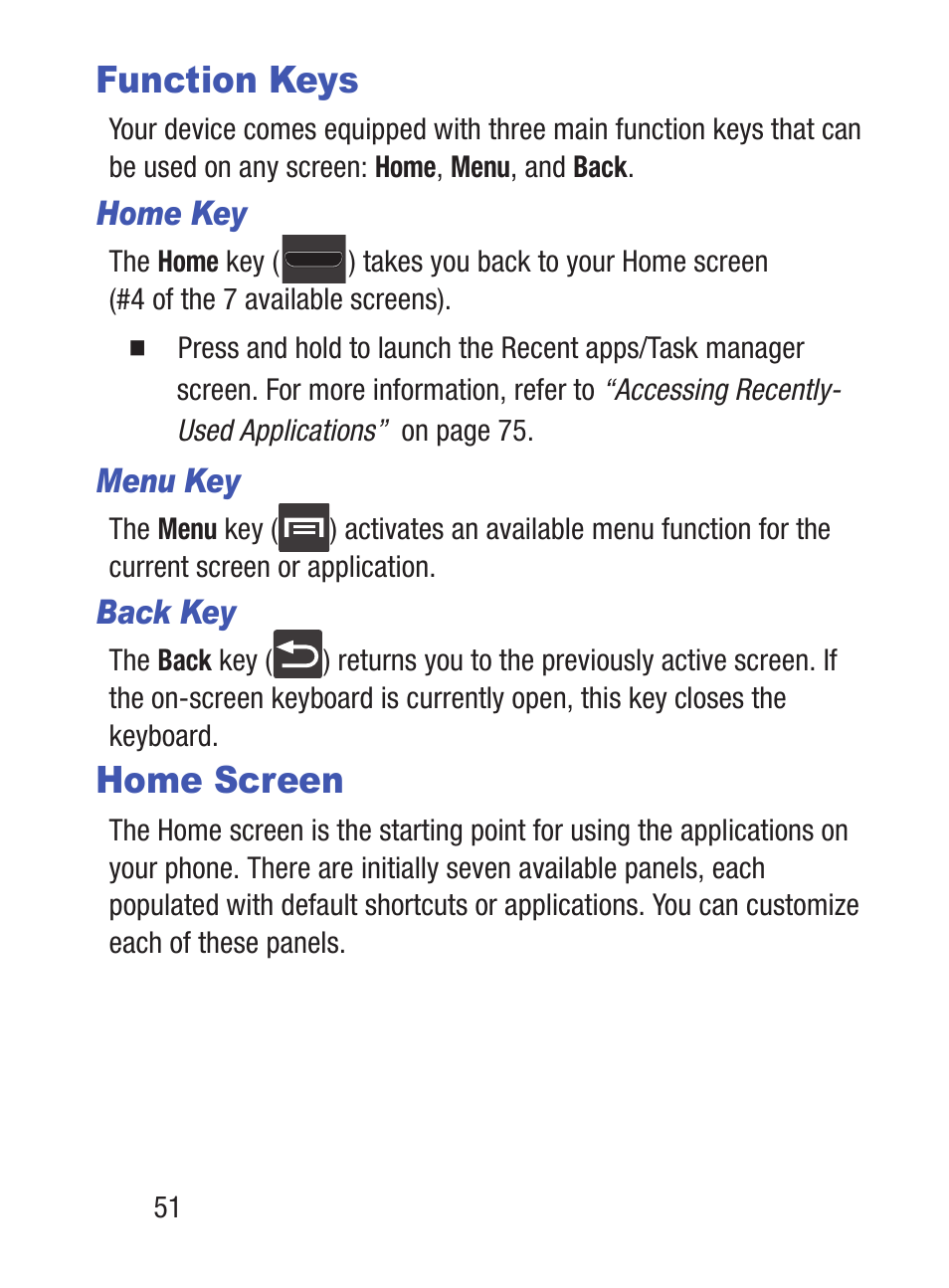 Function keys, Home screen | Samsung SCH-S960RWBTFN User Manual | Page 56 / 513