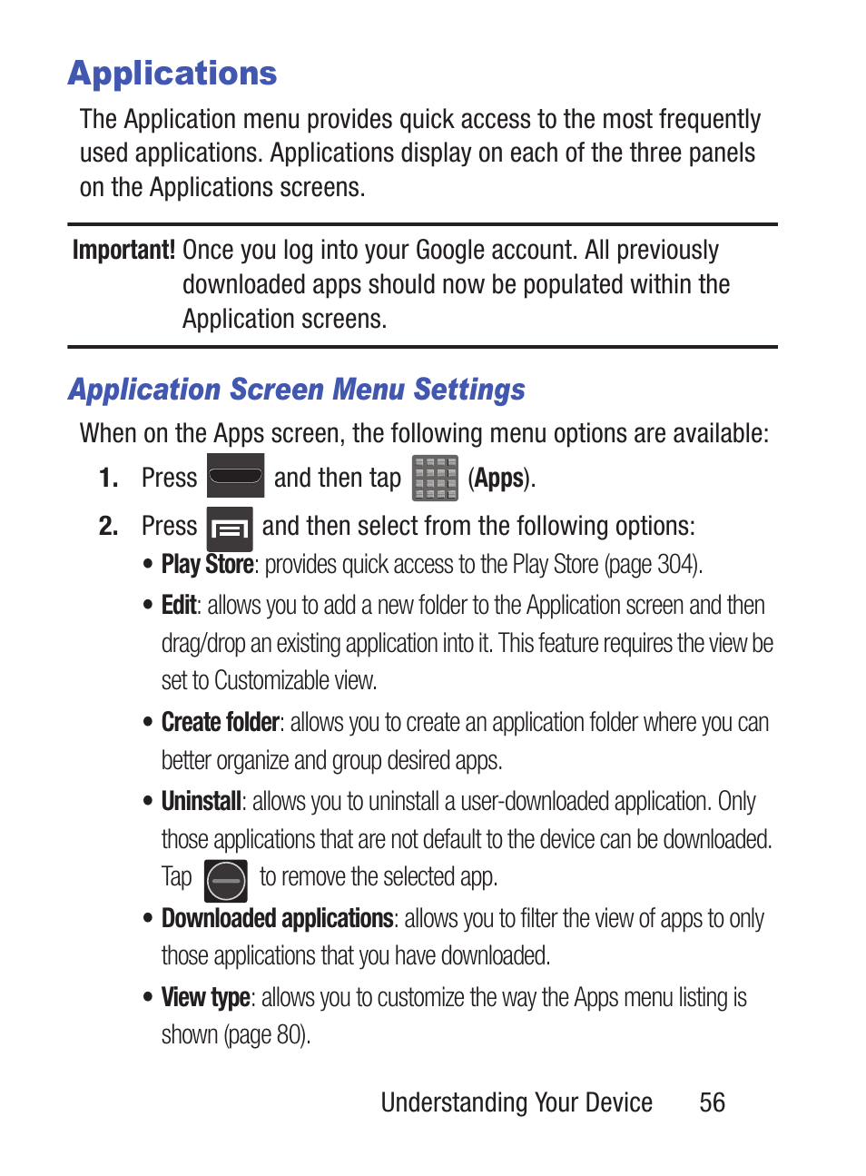 Applications, Application screen menu settings | Samsung SCH-S960RWBTFN User Manual | Page 61 / 513