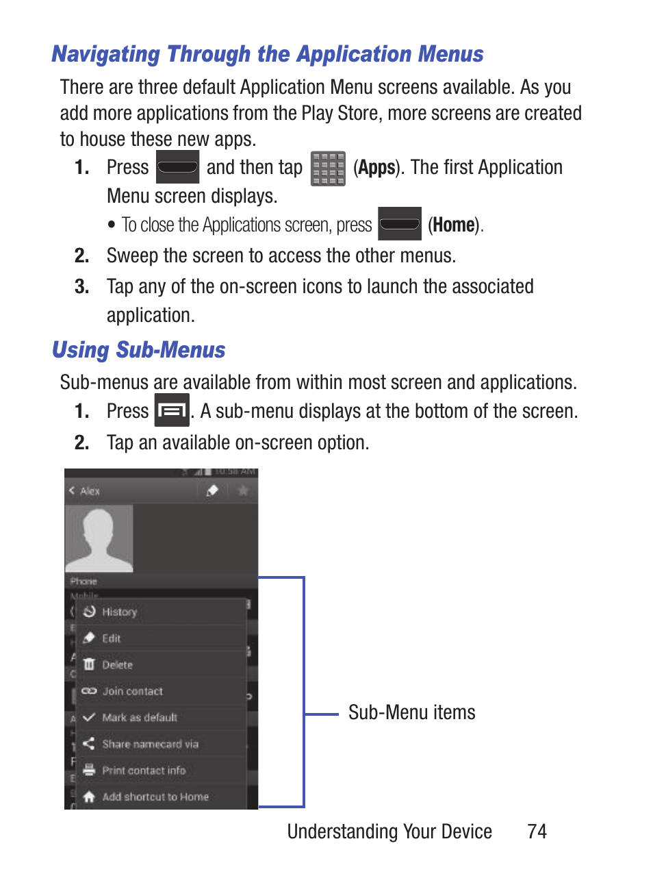 Navigating through the application menus, Using sub-menus | Samsung SCH-S960RWBTFN User Manual | Page 79 / 513