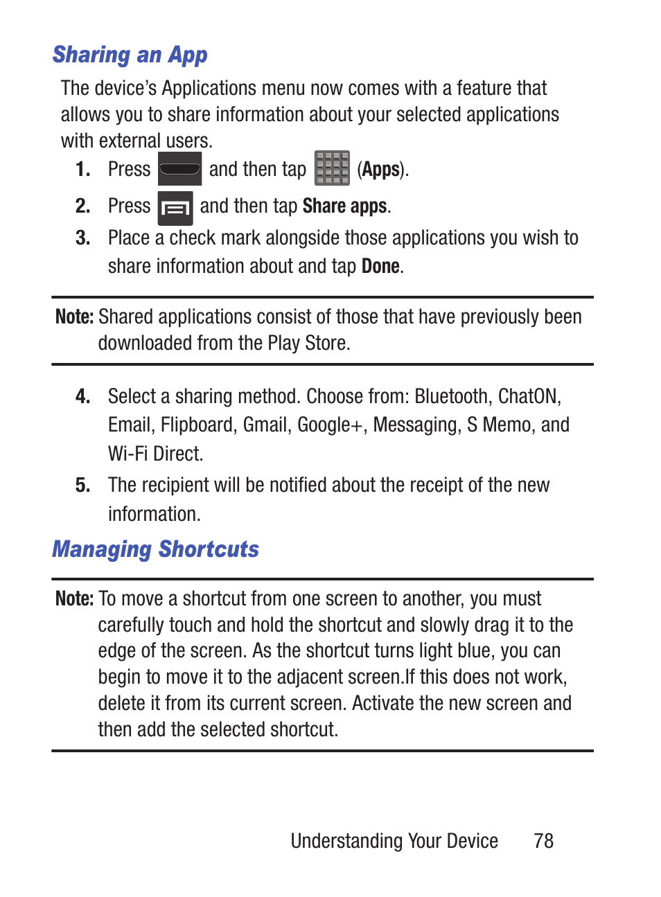 Sharing an app, Managing shortcuts | Samsung SCH-S960RWBTFN User Manual | Page 83 / 513