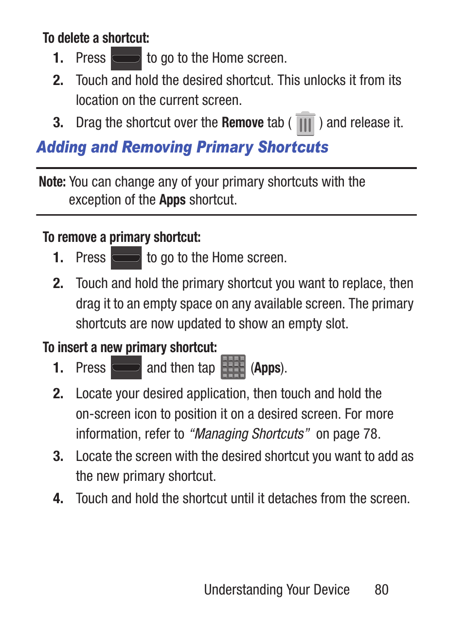 Adding and removing primary shortcuts | Samsung SCH-S960RWBTFN User Manual | Page 85 / 513