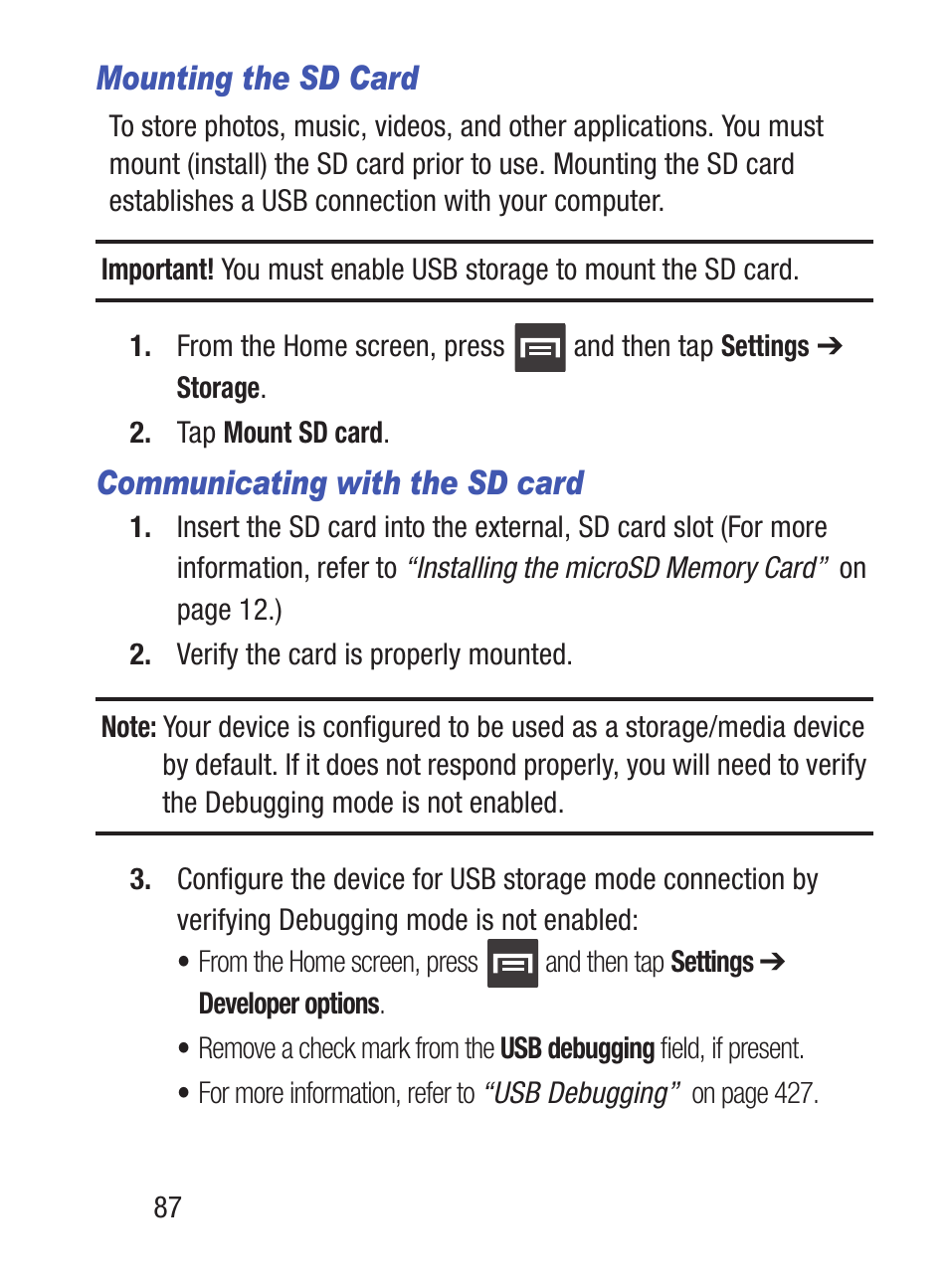Mounting the sd card, Communicating with the sd card | Samsung SCH-S960RWBTFN User Manual | Page 92 / 513