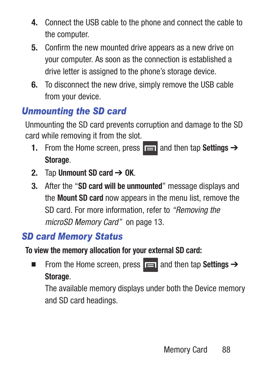 Unmounting the sd card | Samsung SCH-S960RWBTFN User Manual | Page 93 / 513