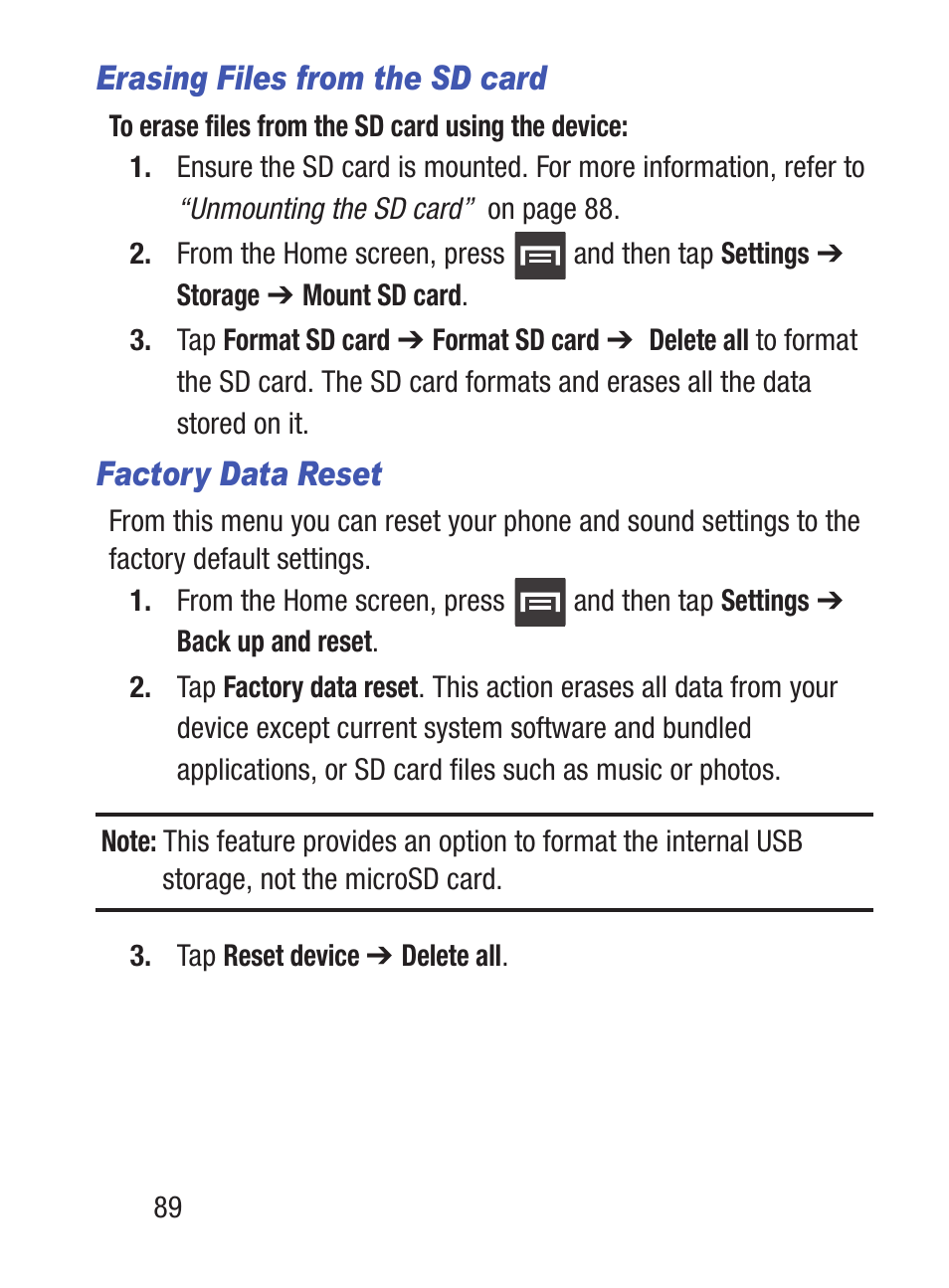 Erasing files from the sd card, Factory data reset | Samsung SCH-S960RWBTFN User Manual | Page 94 / 513