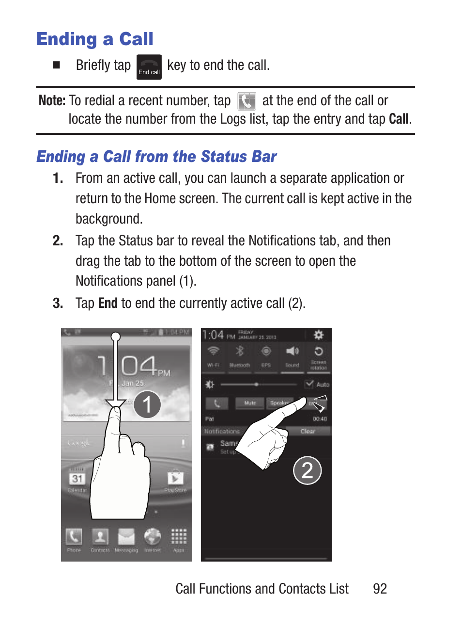 Ending a call, Ending a call from the status bar | Samsung SCH-S960RWBTFN User Manual | Page 97 / 513