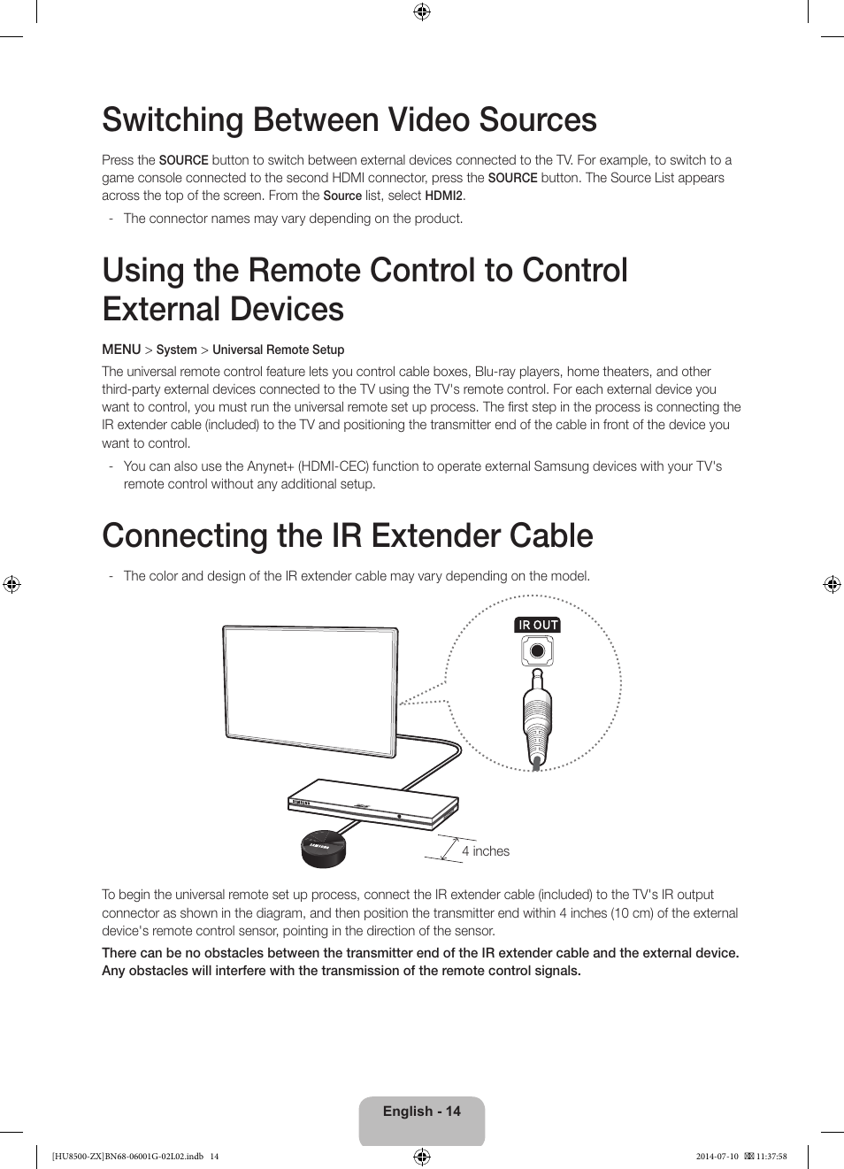 Switching between video sources, Connecting the ir extender cable | Samsung UN65HU8500FXZA User Manual | Page 14 / 59