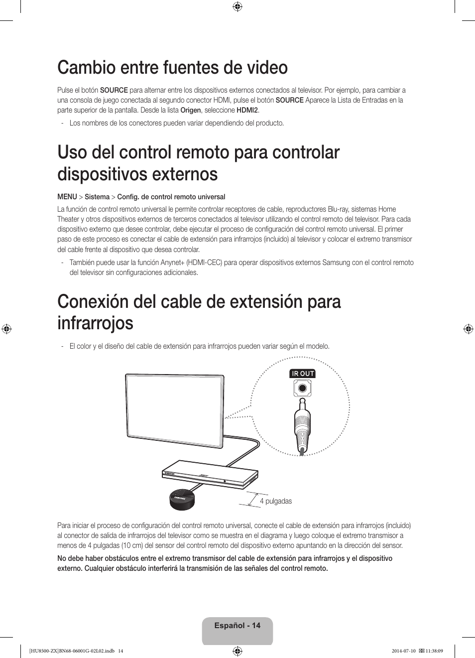 Cambio entre fuentes de video, Conexión del cable de extensión para infrarrojos | Samsung UN65HU8500FXZA User Manual | Page 43 / 59