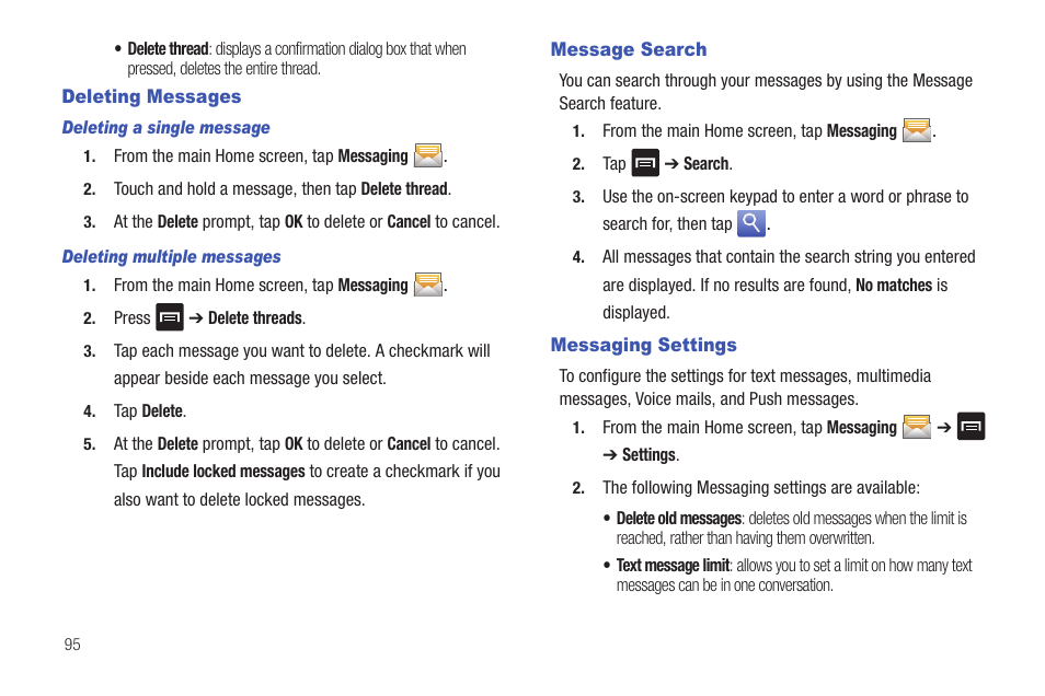 Deleting messages, Message search, Messaging settings | For more | Samsung SGH-I997ZKAATT User Manual | Page 100 / 205